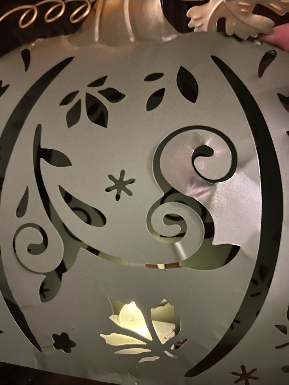 Decorative Metal Pumpkin Lantern - Sage Green Orange and white - Picture 3 of 3